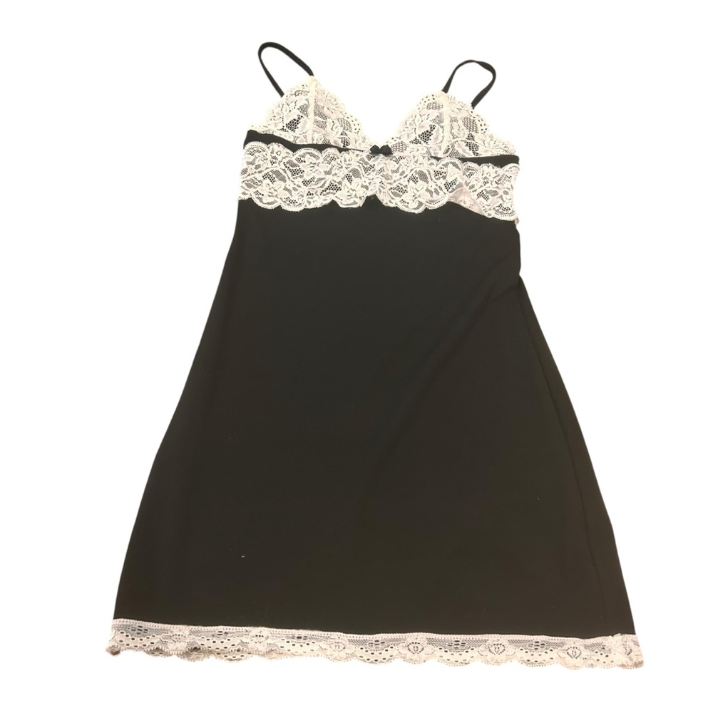 Y2K cami long black w white Lace trim women’s size small gossip girl sexy goth - Picture 1 of 8